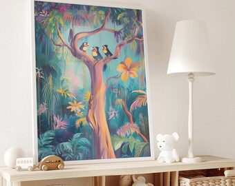 Tropische Dschungel Vögel Art Print, bunte Kinderzimmer Dekor (digitaler Download)