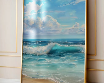 Vintage Coastal Art, Ocean Oil Painting Landscape, Blue Ocean Beach Print, Vintage Beach Painting, Beach House Wall Art, Coastal Wall Poster
