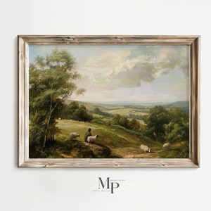 Classic Landscape Art Print, Sheppard Countryside Art, Classic Oil Painting, Rustic Farmhouse Wall Art, Printable Green Landscape Painting