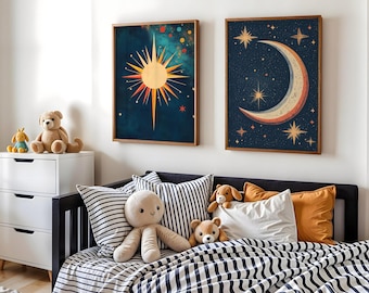 Juego de láminas decorativas para habitación infantil con temática celestial: luna y estrellas (descarga digital).