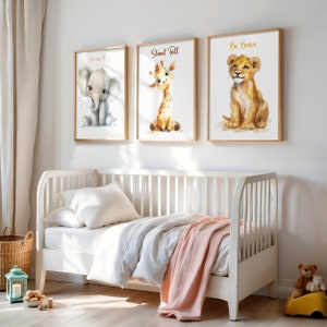 Safari Animal Nursery Wall Art Set of 3, Kids Room Animal Decor, Cute Lion Giraffe Elephant Prints, Gender Neutral Posters, Baby Room Art