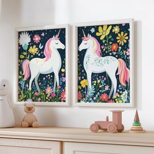 Unicorn Nursery Wall Art Set of 2, Kids Room Print, Flowers Unicorn Nursery Decor, Girl Room Printable Poster, Boho Playroom Floral Print