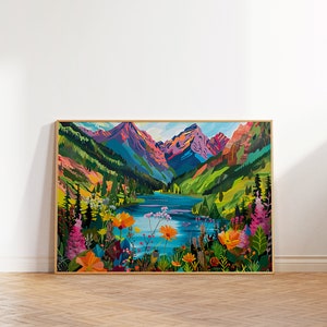 Peut inclure: Une peinture abstraite colorée d'une scène de lac de montagne avec un lac bleu vibrant entouré d'arbres verts et de montagnes colorées. Le premier plan présente une variété de fleurs dans des tons de rose, orange, jaune et rouge.