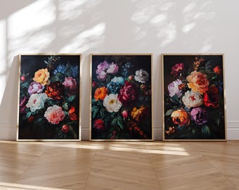Dark Floral Print Set, Jewel Tone Peony Paintings (Digital Download)