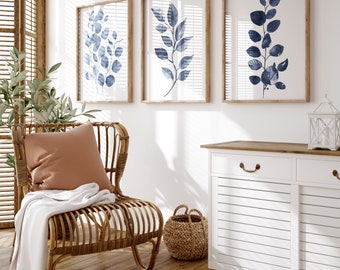 Blue Botanical Watercolor Print Set, Boho Leaves Wall Decor (Digital Download)