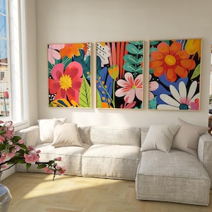 Vibrant Floral Wall Art Set of 3, Abstract Colorful Flower Decor, Trendy Bright Art, Printable Eclectic Print, Maximalist Flowers Art Poster