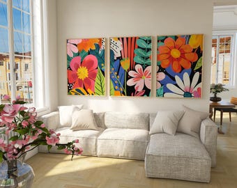 Vibrant Floral Wall Art Set of 3, Abstract Colorful Flower Decor, Trendy Bright Art, Printable Eclectic Print, Maximalist Flowers Art Poster
