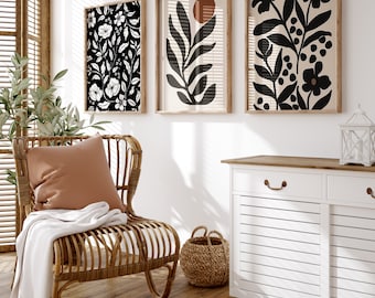 Mid Century Modern Floral Art Prints, Beige and Black (Digital Download)