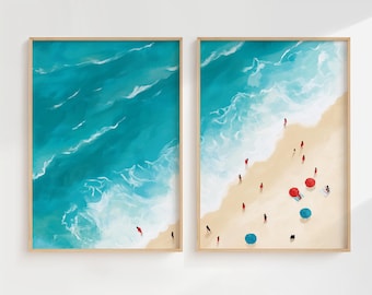 Coastal Beach Prints, Tiny People in Ocean, Summer Wall Art Set (Digital Download)