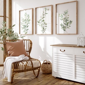 Impresión botánica de acuarela, verde salvia, arte de flores silvestres, conjunto floral boho de 3, decoración moderna del hogar, conjunto de arte de carteles de flores silvestres, arte de pared boho