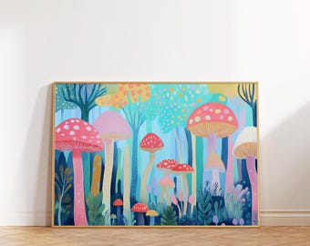 Pastel Mushroom Forest Art, Cottagecore Hippie Decor (Digital Print)