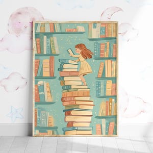 Colorful Reading Decor, Girls Room Print, Bookworm Art, Girl's Study Room Print, Pastel Playroom Poster, Read Book Decor, Gift for Reader