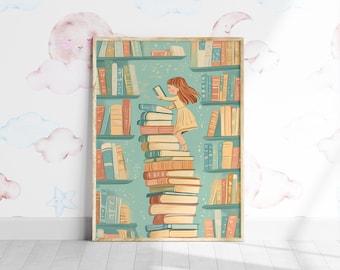 Colorful Reading Girl Art Print, Bookworm Decor (Digital Download)