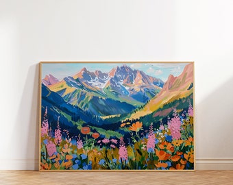 May include: A framed painting of a mountain range with a field of colorful wildflowers in the foreground. The mountains are painted in shades of blue, green, and brown, with snow-capped peaks. The wildflowers are a mix of pink, orange, yellow, and blue.