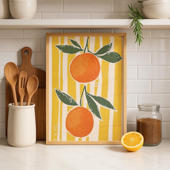 Retro Oranges Art Print, Colorful Kitchen Wall Decor (digital