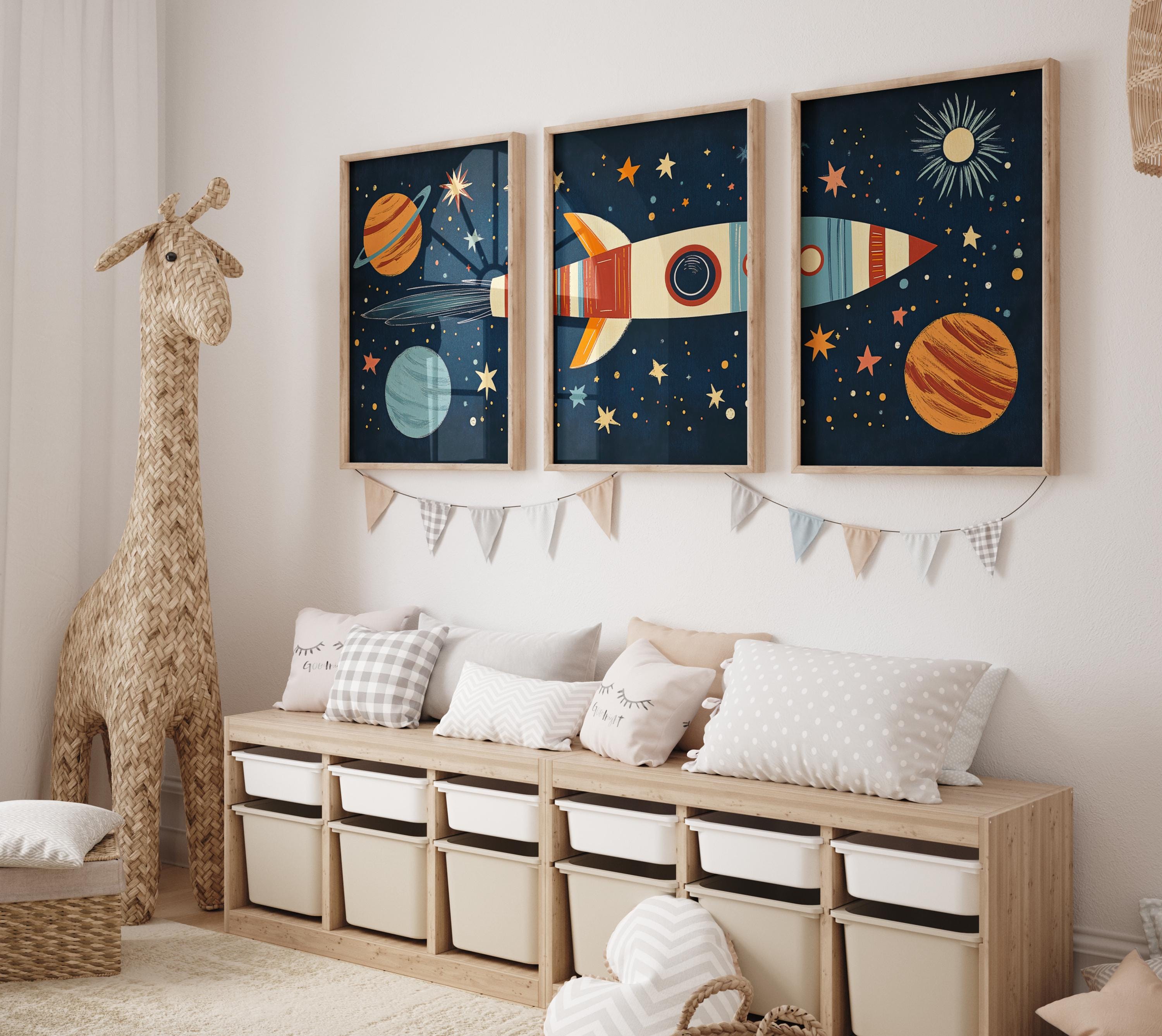 Space Rocket Wall Art Set of 3, Retro Rocket Print, Kids Room Space ...