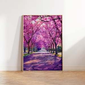 Vibrant Cherry Blossoms Wall Art, Purple Flowers Print, Sakura Wall Decor, Botanical Art, Spring Decor, Japandi Vibrant Watercolor Decor