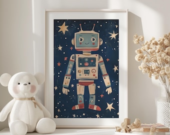 May include: A vintage-style robot illustration with a blue, white, and red color scheme. The robot is standing in front of a dark blue background with white stars. The robot has a friendly face and is wearing red boots.