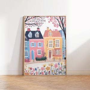 Colorful Houses Art, Cute Pastel Townhouses Print, Whimsical Houses Decor, Cityscape Illustration, Colorful Trees and Flowers Poster