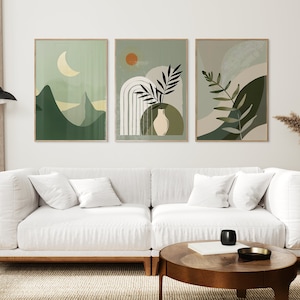 Boho Sage Green Wall Decor Set of 3, Boho Abstract Wall Art, Mid Century Scandi Art, Floral Moon Prints, Neutral Japandi Boho Wall Art
