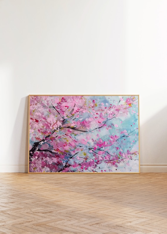 Cherry Blossom Impasto Painting, Pink Floral Scandi Wall Art