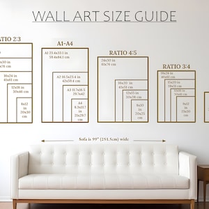 Op de afbeelding: Een wandkunst-formaatgids met verschillende verhoudingen en maten in inches en centimeters. De gids toont de afmetingen van verschillende formaten wandkunst, waaronder 2:3, 4:5 en 3:4 verhoudingen. De gids bevat ook een bank die 99 inch breed is, wat overeenkomt met 251,5 centimeter.