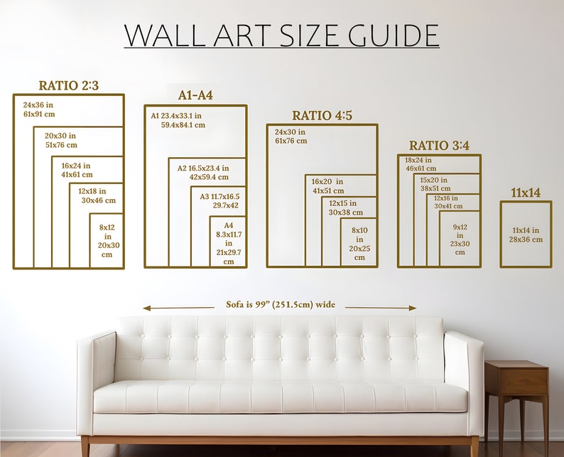 Op de afbeelding: Een wandkunst-formaatgids met verschillende verhoudingen en maten in inches en centimeters. De gids toont de afmetingen van verschillende formaten wandkunst, waaronder 2:3, 4:5 en 3:4 verhoudingen. De gids bevat ook een bank die 99 inch breed is, wat overeenkomt met 251,5 centimeter.