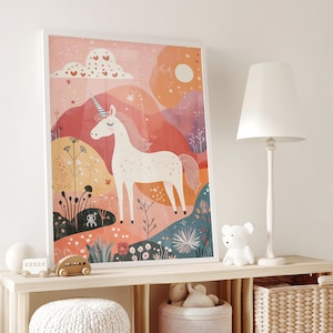Unicorn Nursery Decor, Colorful Unicorn Bedroom Wall Art, Kids Room Flowers Print, Girl Room Printable Poster, Boho Playroom Unicorn Print