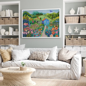 May include: A painting of a blue house in a field of colorful flowers. The house has a white door and a white roof. There are green hills in the background and a blue bird flying in the sky.