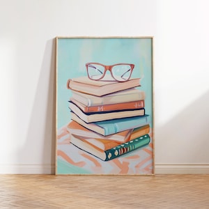 Book Lover Print, Stack of Books Wall Art, Bookworm Painting, Pastel Printable Books Art, Reading Decor, Library Art, Turquoise Esthetic Art