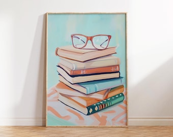 Pastell Bücher Druck, Bücherwurm Wand Kunst, Türkis Lese Dekor (Digitaler Download)
