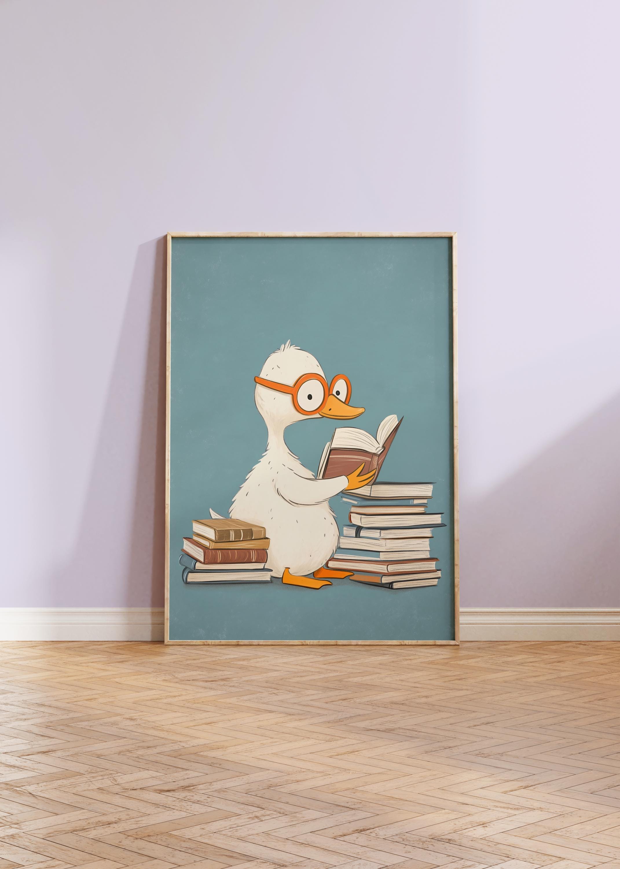 あひるページ 絵本を読むアヒルのイラストプリント、パステルカラーの子供部屋装飾