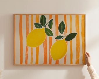 Lemons Art Print, Striped Background, Modern Kitchen Decor (Digital Download)