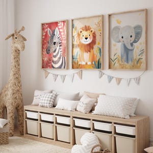 Safari Nursery Wall Art Set of 3, Boho Kids Room Prints, Colorful Floral Animals Nursery Art, Zebra Lion Elephant Decor, Playroom Prints