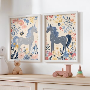 Unicorn Nursery Wall Art Set of 2, Kids Room Print, Magical Unicorn Nursery Decor, Girl Room Printable Poster, Boho Playroom Floral Print