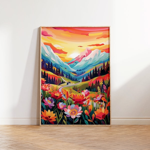 Vibrant Wildflowers Landscape Wall Art, Maximalist Floral Print, Colorful Vibrant Mountain Art, Acrylic Illustration Poster, Sunset Scenery