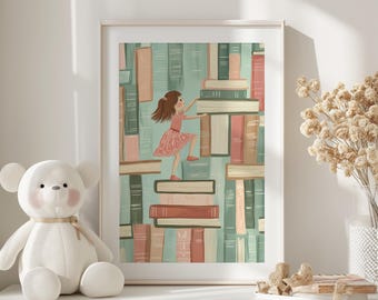 May include: A framed art print featuring a young girl climbing a stack of books. The illustration uses a soft color palette of teal, pink, and beige. A white teddy bear and dried flowers are in the foreground.