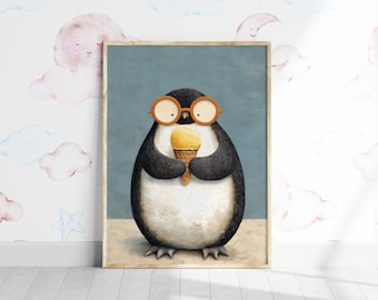 Penguin Ice Cream Nursery Print: Funny Animal Illustration (Digital Download)