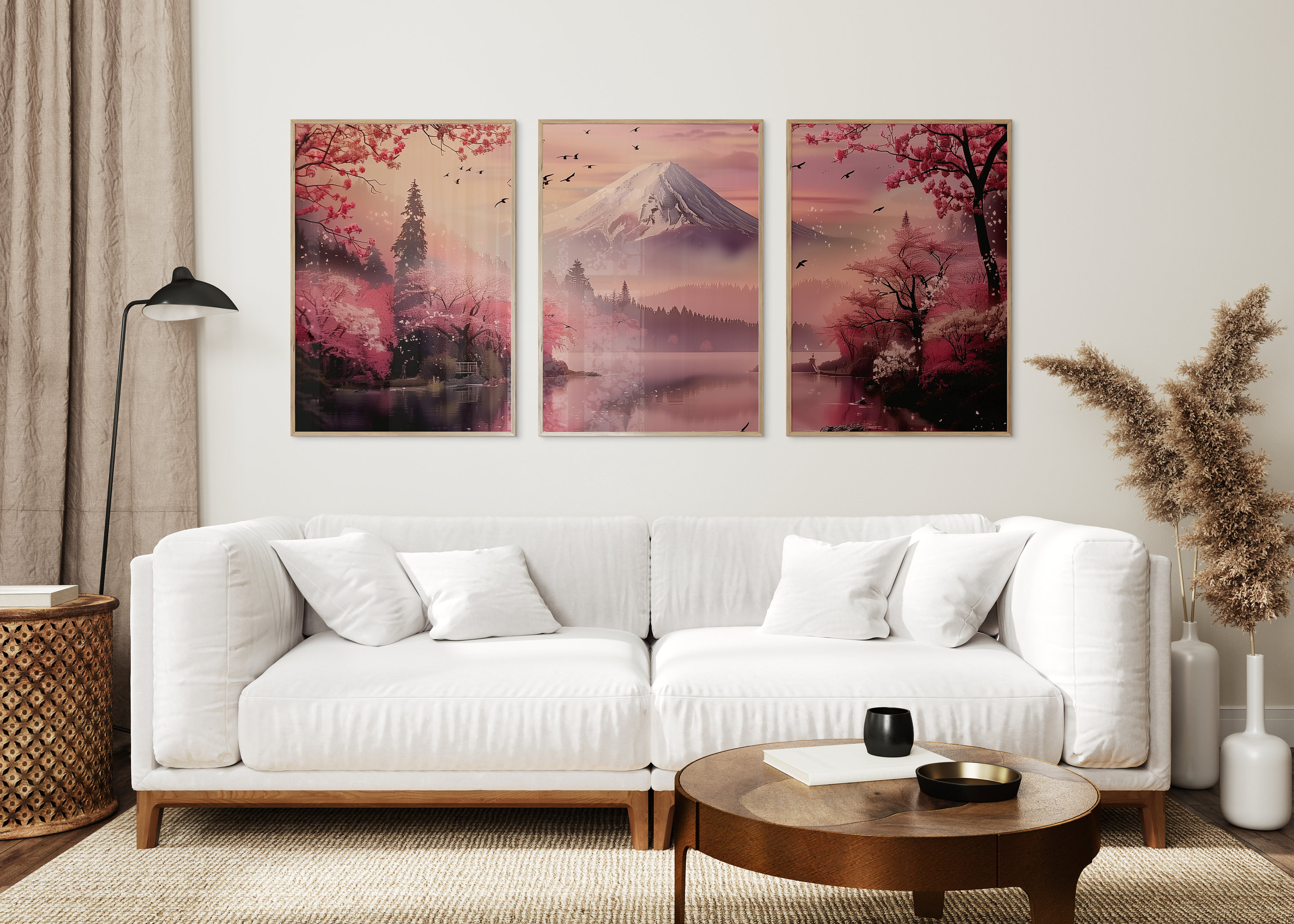 Japandi Wall Art Set, Mount Fuji Cherry Blossom Prints (digital