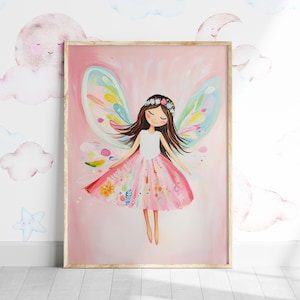 Arte de pared para guardería de hadas, impresión de hadas encantadas, decoración colorida para habitación de niños, póster de hada linda para niña, arte de pared bohemio para guardería, arte para sala de juegos