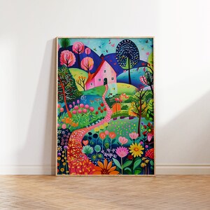 Lebendige Landschaft Wandkunst, Blumengarten Landschaft, helle Sommer Illustration, bunte Blumendrucke, botanische Zeichnung, Patchwork Dekor