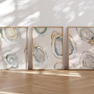 May include: Three framed art prints featuring watercolor oyster shell designs in shades of beige, blue, and gold. The prints are displayed on a light-colored wall above a wooden floor, with natural light casting shadows.