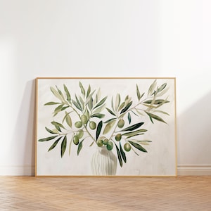 Peut inclure: Une peinture à l'aquarelle de branches d'olivier avec des olives vertes dans un vase blanc sur un fond beige clair.