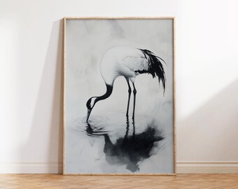 Minimalist Crane Art Print, Black and White Bird Painting (Digital Download)