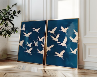 Flying Cranes Wall Art Set of 2, Japandi Style Print, Deep Blue Bird Decor, Elegant Gallery PRINTABLE Wall Art, Retro Japanese Style Artwork