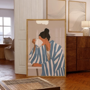 Arte de parede listrada contemporânea, decoração de mulher abstrata, impressão de arte colorida, impressão de listras, ilustração de retrato minimalista, belas artes ecléticas