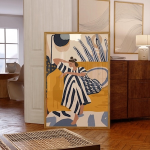 Zeitgenössische Gestreifte Wandkunst, Abstrakte Frau Dekor, Bunte Kunstdruck, Streifen Druck, Minimalistische Porträt Illustration, Eklektische Fine Art