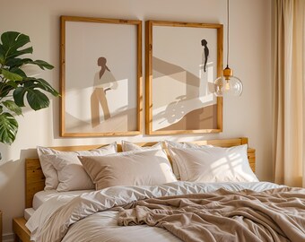 Set di stampe artistiche minimaliste con figura femminile, decorazioni per la casa in beige (download digitale)