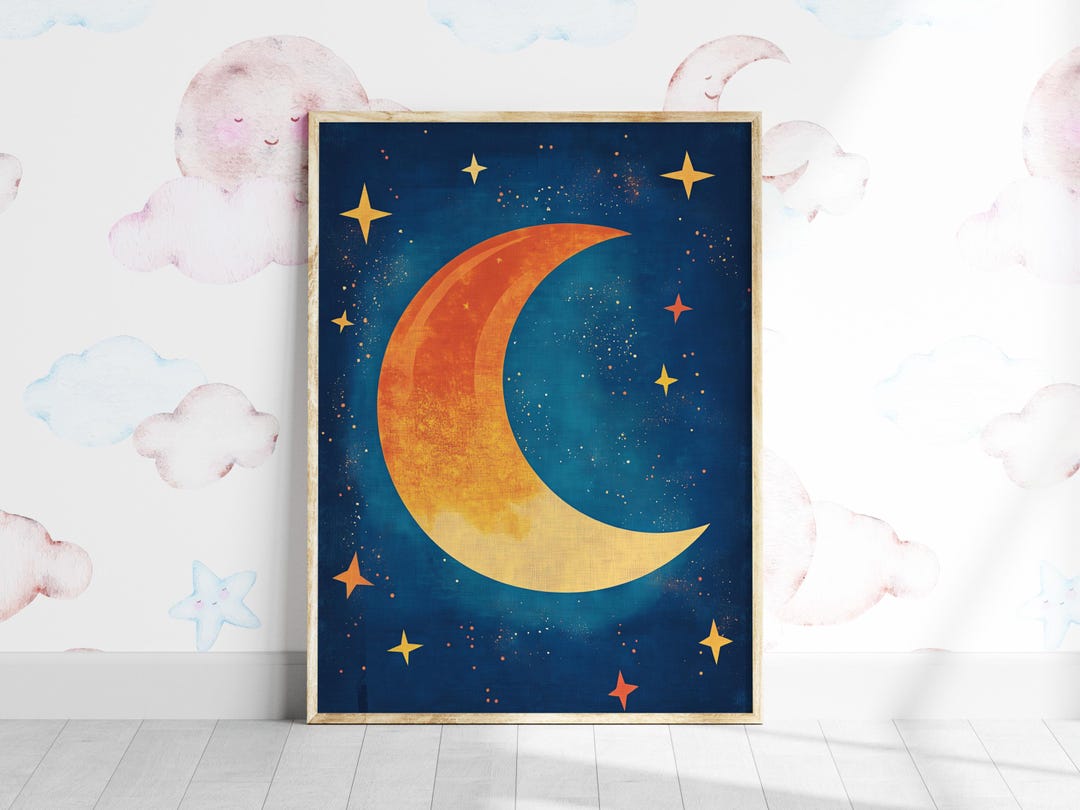 Moon and Stars Nursery Wall Art, Celestial Kids Room Decor, Colorful ...