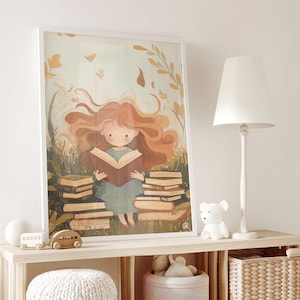 Girl&#39;s Study Room Print, Pastel Reading Decor, Girls Room Print, Bookworm Art, Playroom Printable Poster, Read Book Decor, Gift for Reader